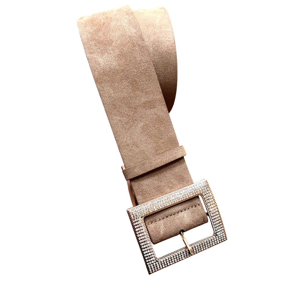 Wide ladies faux suede fashion belt rose gold buckle & clear white rhinestones